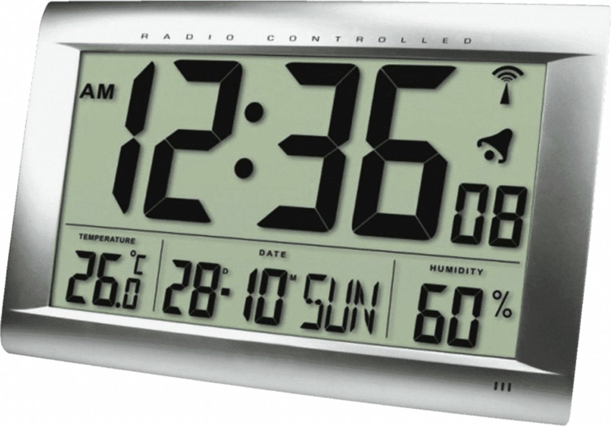 Technoline ws 8009 - reloj de pared - reloj de mesa - rectángulo - visualización de la hora radiocontrolada - 12 24 h - visualización de la fecha - alarma - temperatura interior - humedad - color plateado - 407 x 43 x 270 m