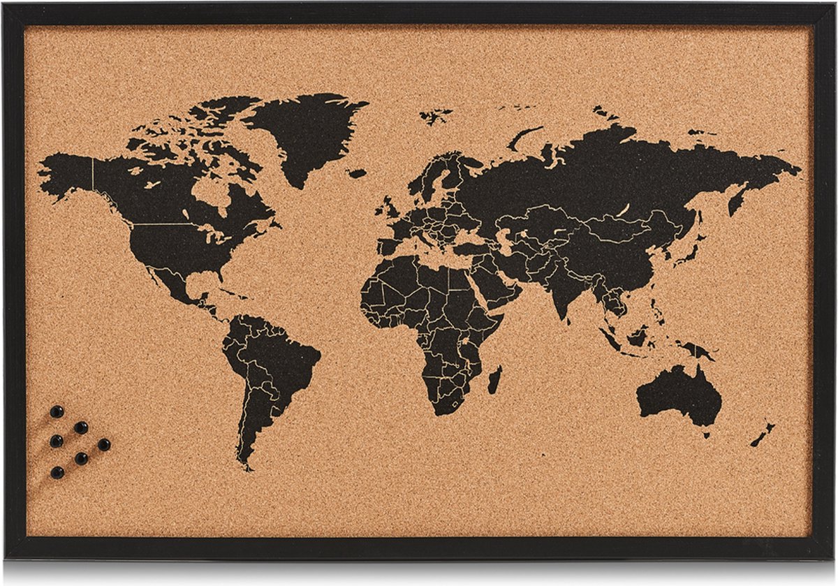 Zeller pinboard mapa del mundo - negro - 60 x 40 cm - madera de corcho - tablero de notas