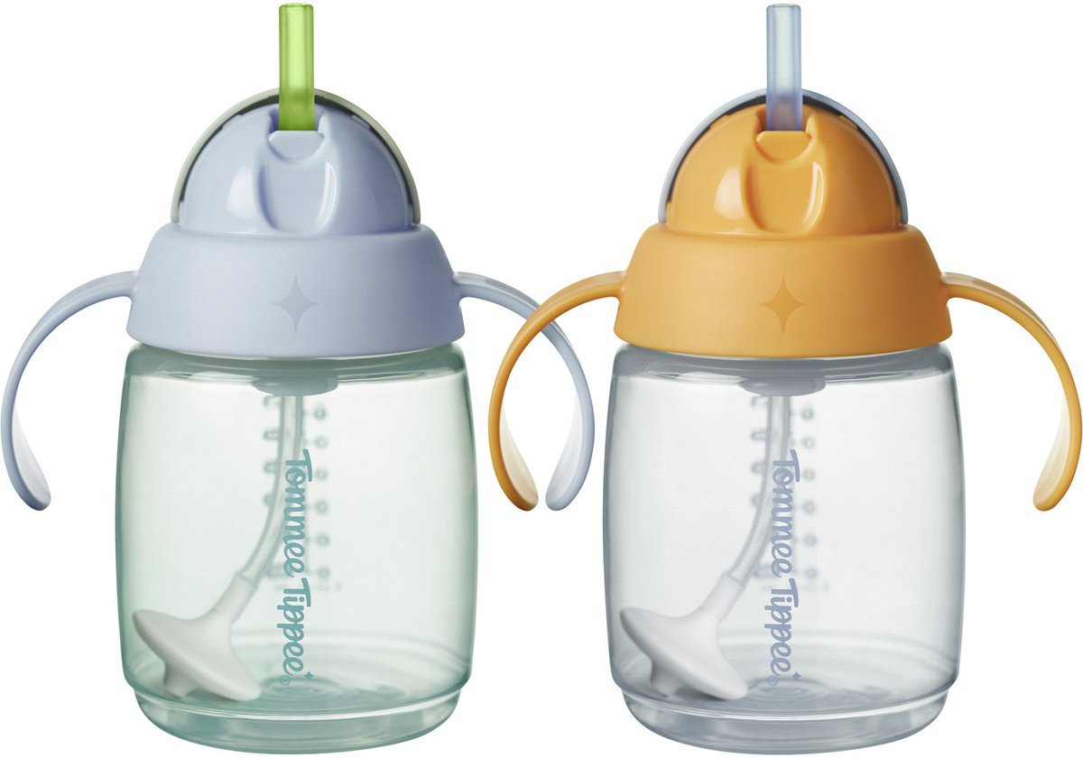 Tazza con cannuccia Tommee Tippee - 2 pezzi - 240 ml - con manici e cannuccia in silicone ponderata - per bambini dai 6 mesi in su - blu e arancione