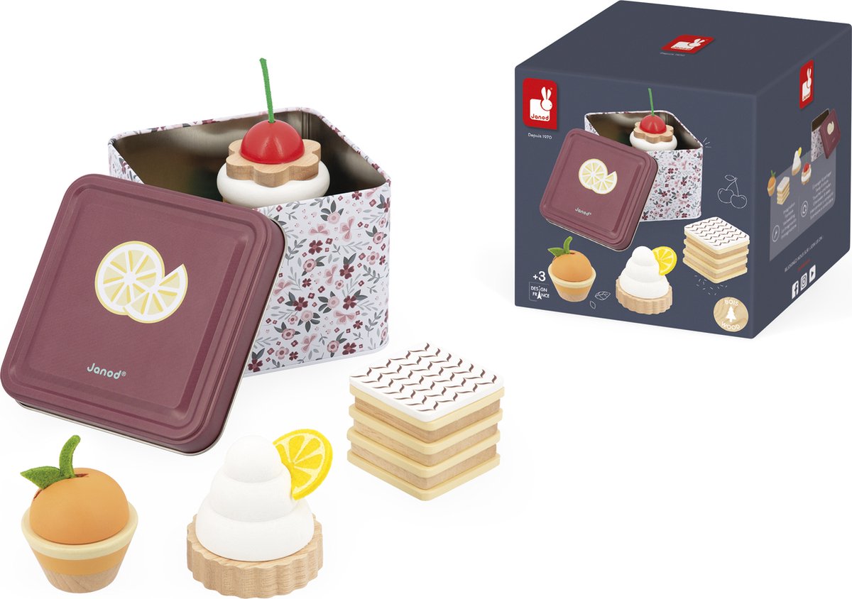 Janod – set da pasticceria in legno – dolcetti con bellissima scatola in metallo