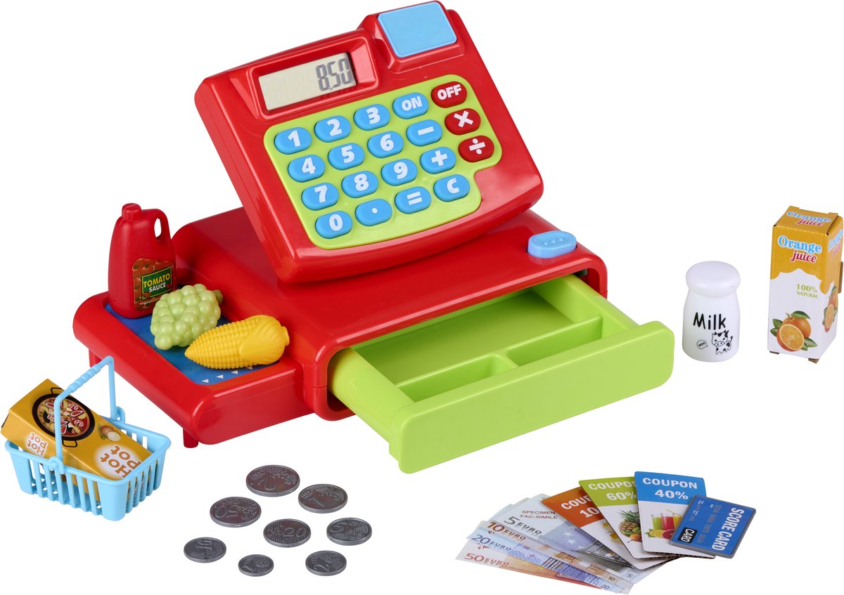 Eddy Toys Caja registradora de juguete de 25 piezas - Caja registradora de juguete con sonido y calculadora - Caja registradora para niños con dinero ficticio y tarjetas - Caja registradora de juguete para jugar en la tienda