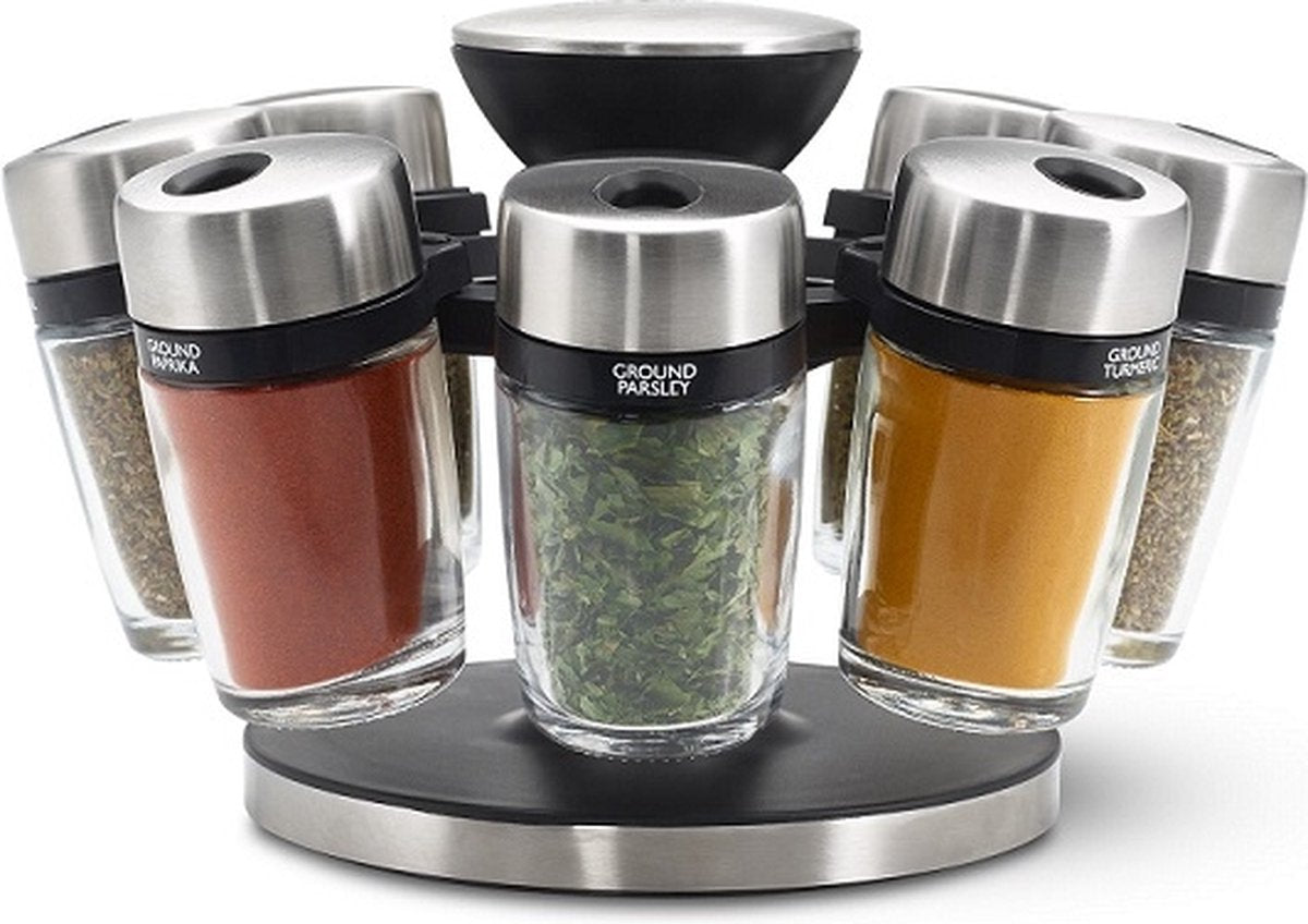 Especiero Cole Mason Cambridge - Juego de 8 piezas - Compacto - Frascos de vidrio - Aspecto de acero inoxidable - Cocina organizada