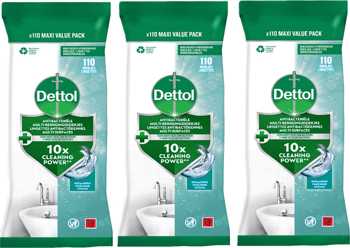 Salviette antibatteriche Dettol multisuperficie oceano - 3 x 110 pezzi - confezione risparmio