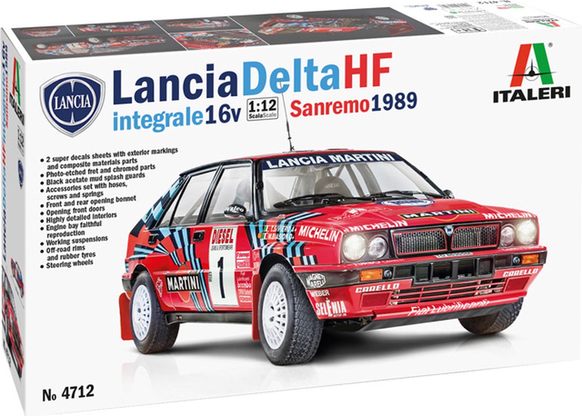 Italeri model kit car - 4712 lancia delta hf integrale sanremo 1989 auto in plastica - 1:12 - modellismo