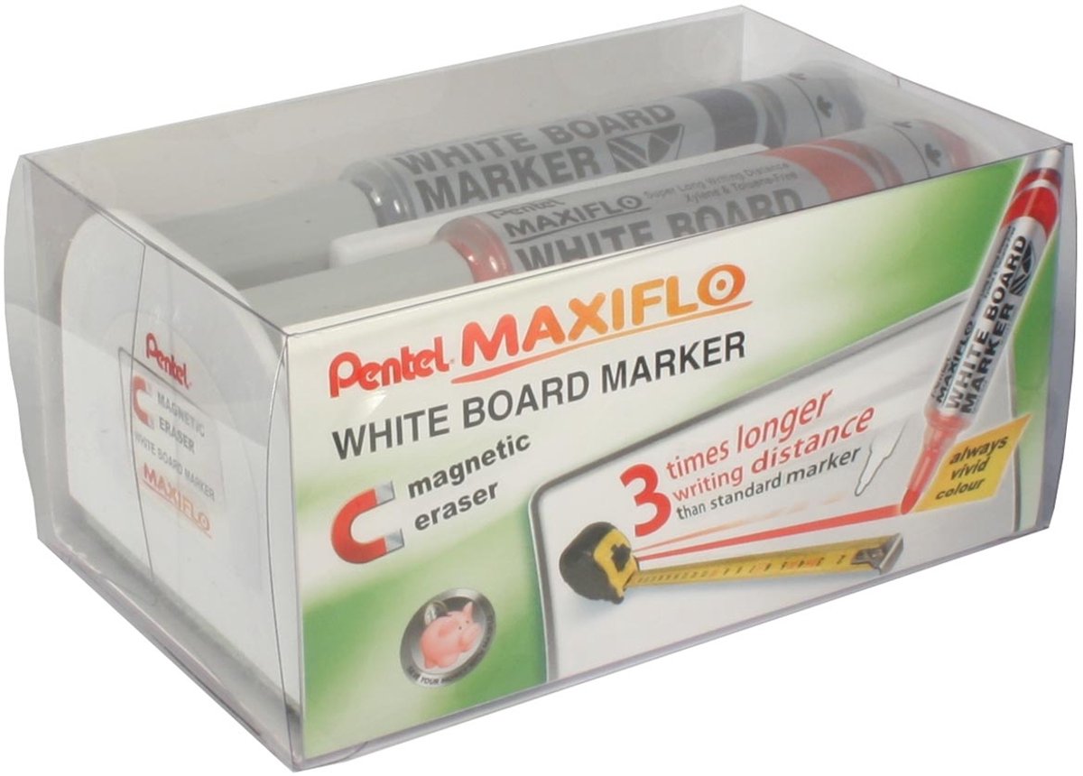 Pennarello per lavagna Pentel Maxiflo set da 4: blu | rosso | verde e nero + cancellino magnetico per lavagna