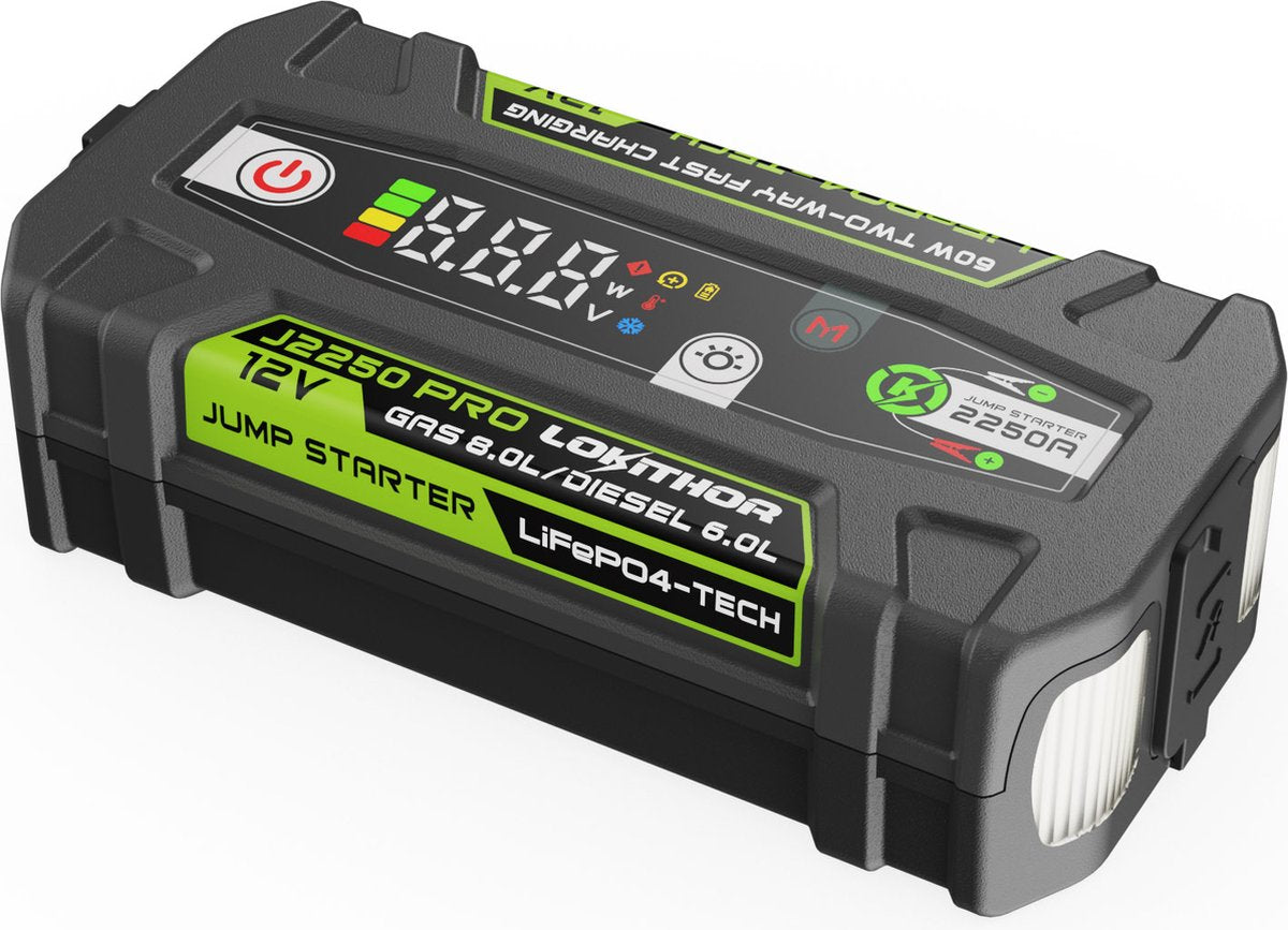 Lokithor jumpstarter j2250 pro - 12v 2250a lifepo4 - powerbank 60w - auto accu starten tot 8.0l benzine 6.0l diesel - led zaklamp