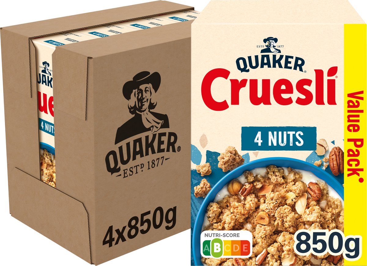 Quaker cruesli 4 noci - cereali per la colazione - 4 x 850 grammi