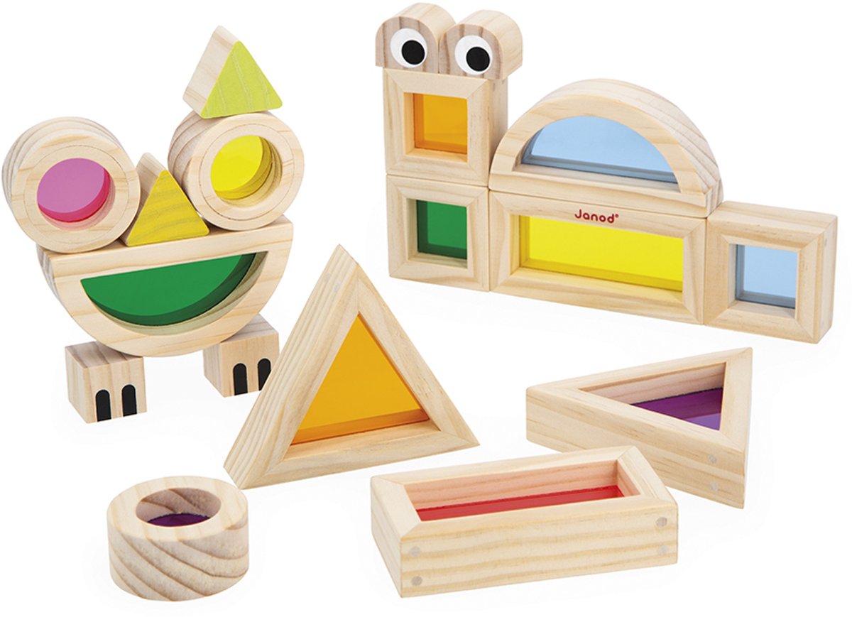 Janod - sensoriale - set di blocchi traslucidi - 12 blocchi geometricamente trasparenti