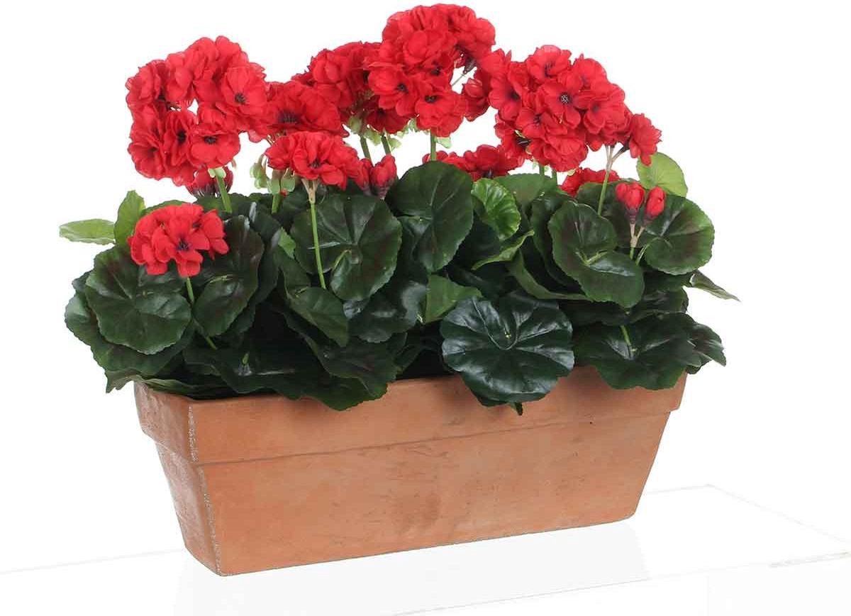 Mica decorations kunstplant geranium rood - h 40cm - zandcement sierpot -