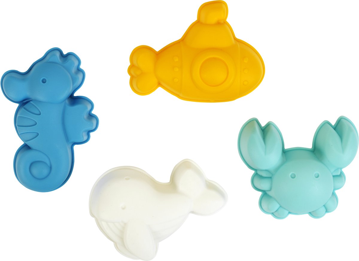 Piccoli giocattoli: la sabbiera modella balene, cavallucci marini, granchi e sottomarini. realizzato con materiale riciclato