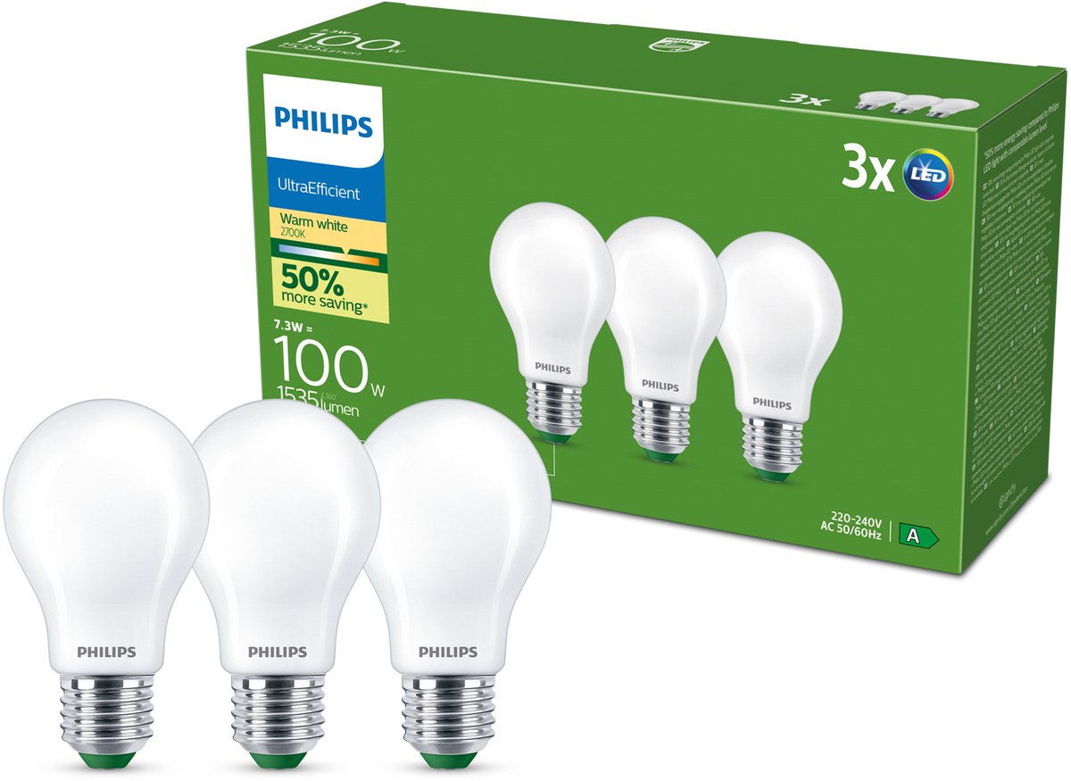 Bombilla filamento philips mate 100w a60 e27 x3