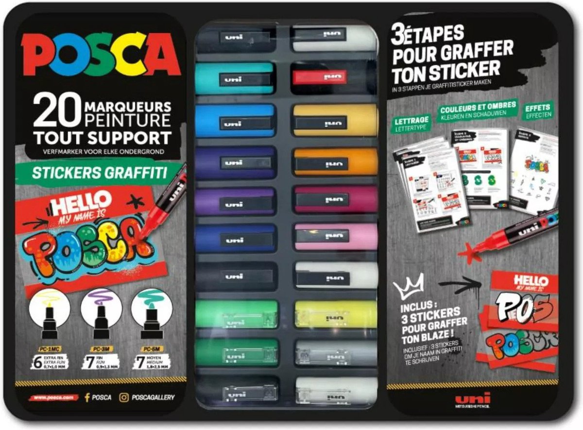 Posca pigmentmarker “stickers graffiti” – 20-delige set in metalen box