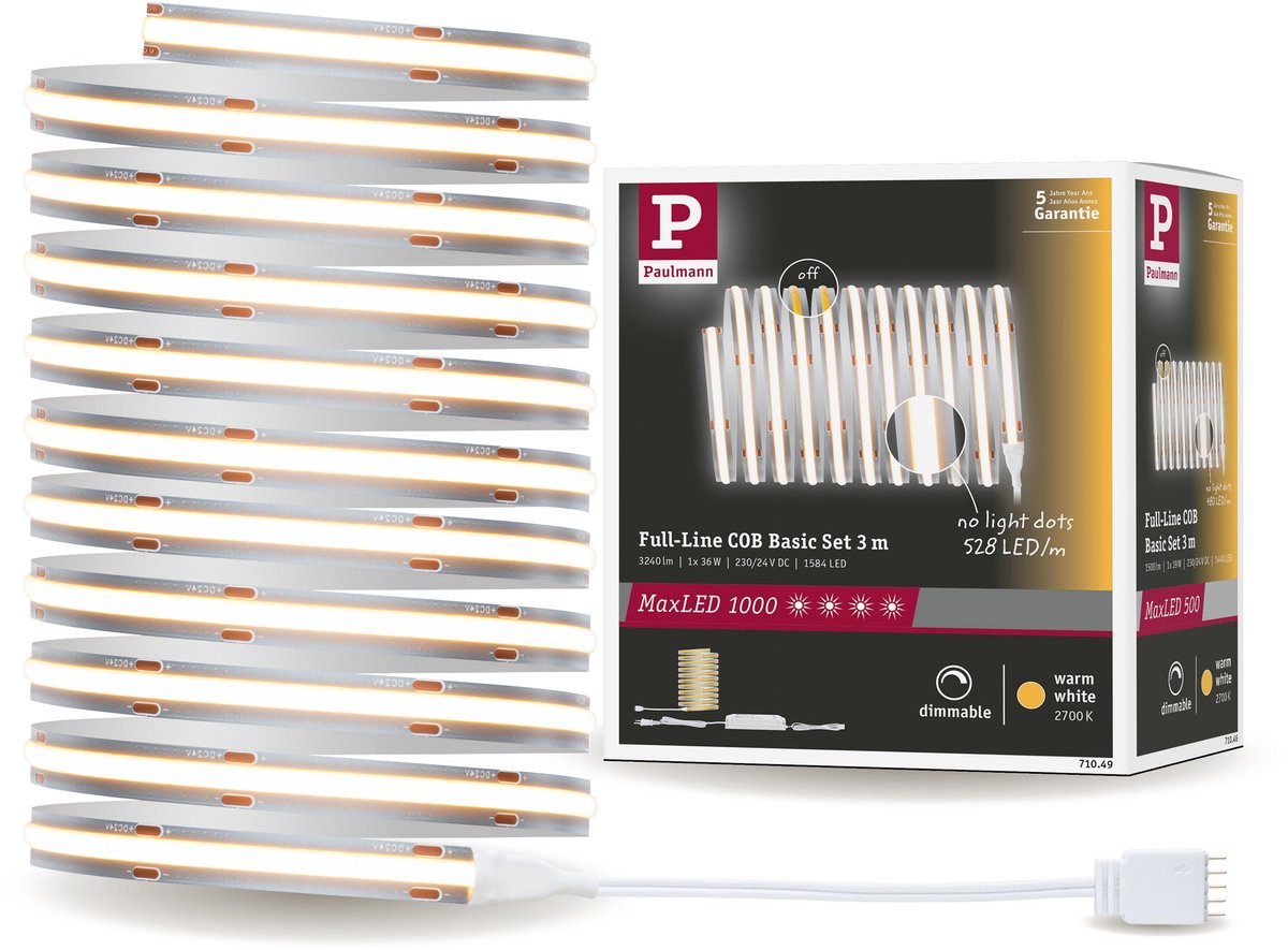 Paulmann maxled 1000 striscia led set base cob 3m bianco caldo 3m 36w 1080lm m 528 led m 2700k 50va