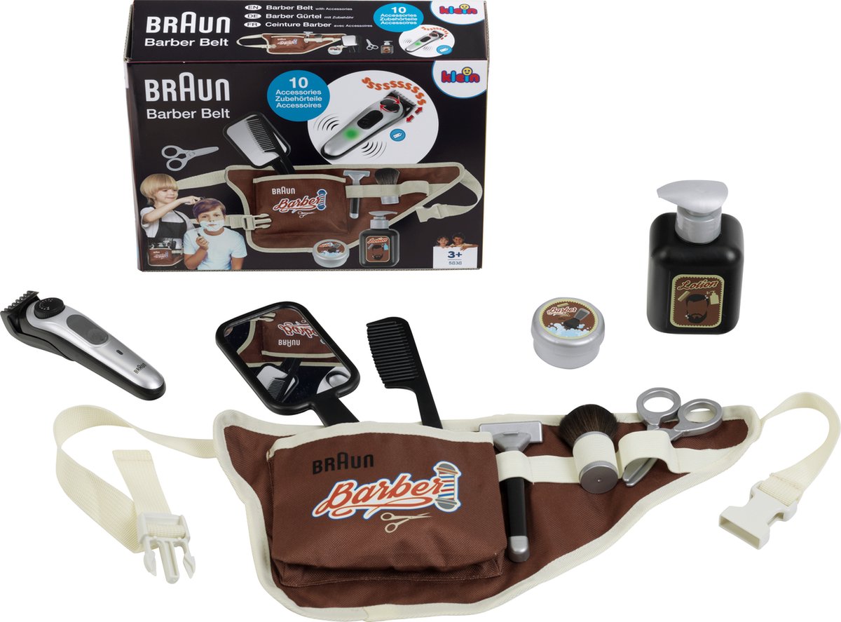 Klein toys braun barbierset - 15x8x15 cm - kam, spiegel, schaar, scheerkwast en scheermes - multicolor