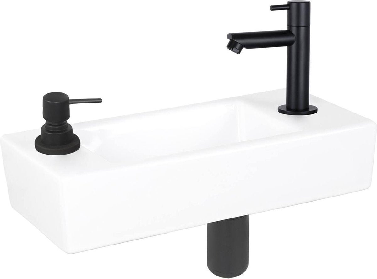 Set fontana per sapon Differnz - 42,5x18,5x9 cm - rettangolo - 1 foro per rubinetto - nero opaco - ceramica bianca