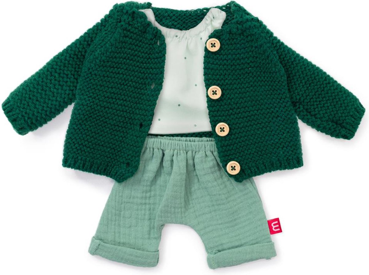 Muñecas Miniland ml: conjunto de ropa verde para niño 38cm, 3 piezas, chaleco, camiseta y pantalón, con perchero, 3+