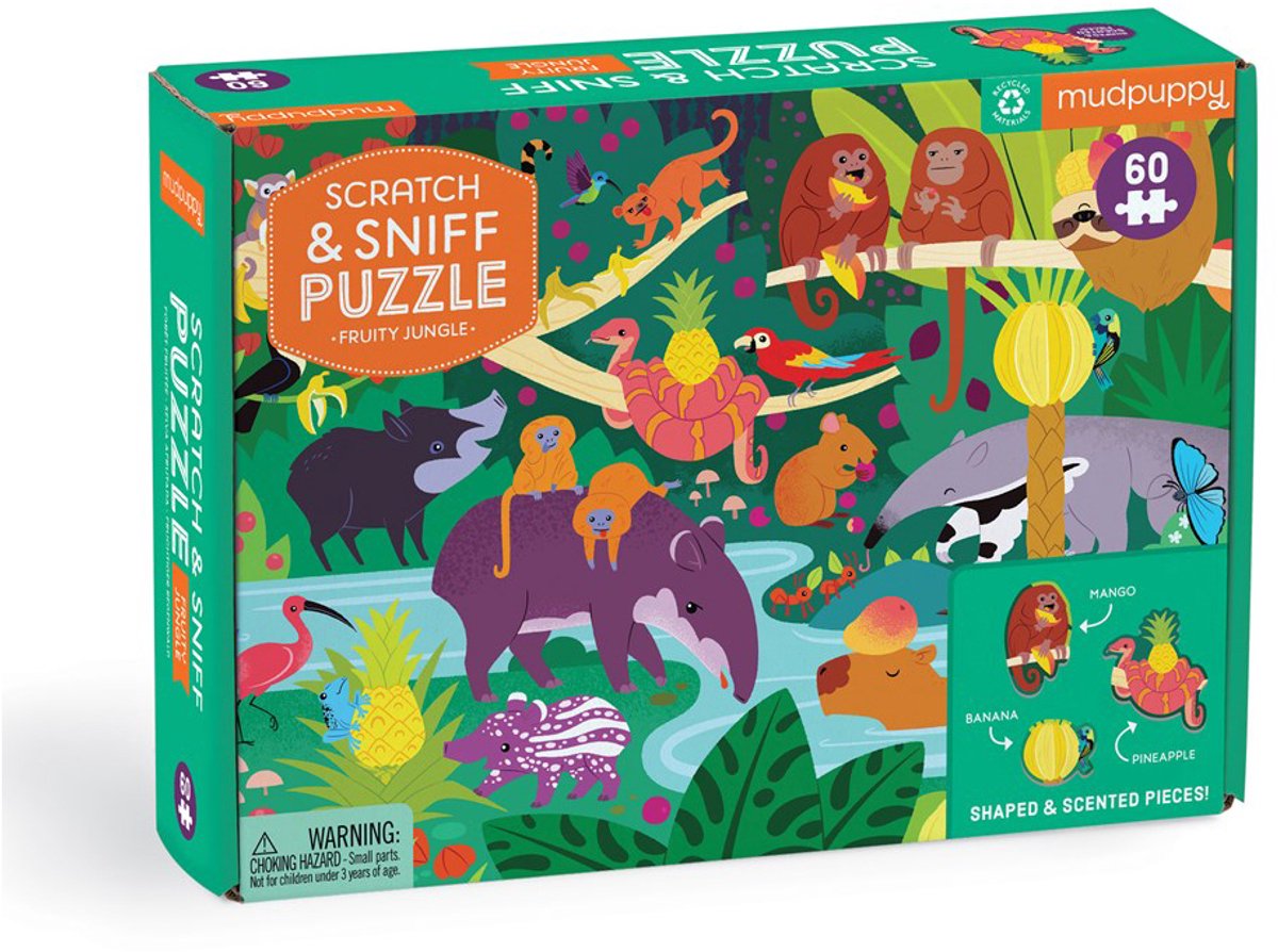 Puzzle da grattare e annusare Mudpuppy - giungla fruttata - 38x28 cm - 60 pezzi - 3 anni