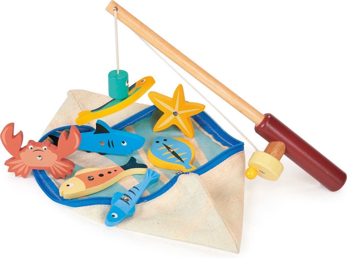 Gioco Mentari - Pesca - con canna da pesca in legno - 7 animali marini magnetici - 2 anni