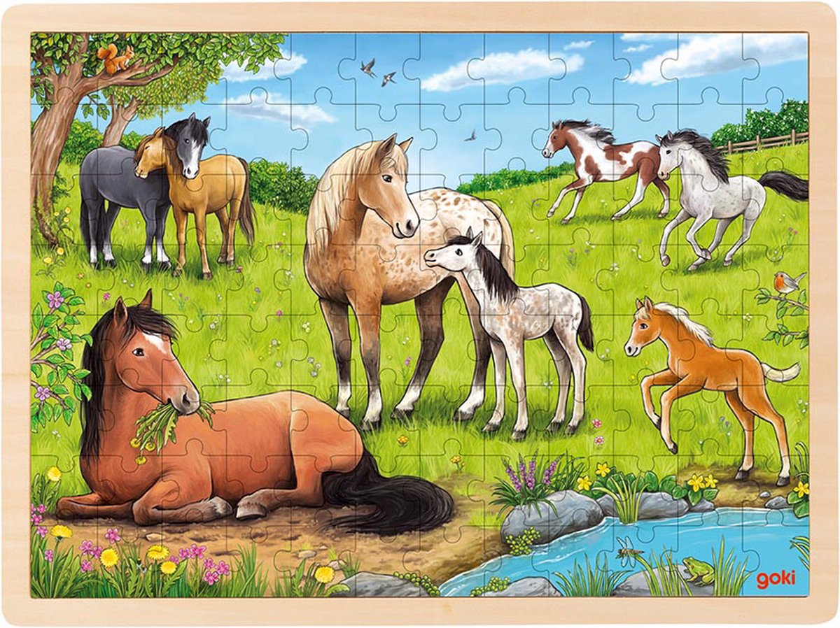 Puzzle de Goki: verano en el pasto de caballos 40x30x0,8cm, 96 piezas, madera, 3+