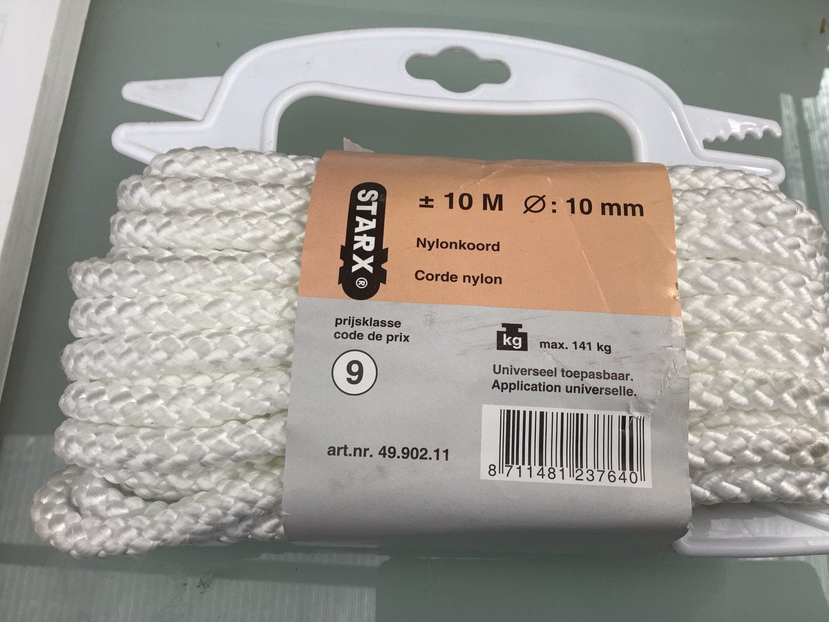 Starx nylon koord. 10mm. dik. 10 meter lang. wit. touw.