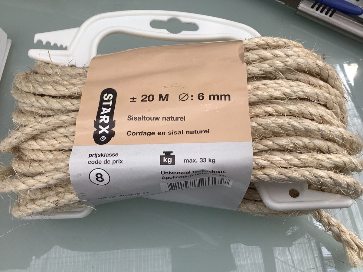 Starx krab paal touw. sisal naturel koord. 6 mm. dik. 20 meter lang.