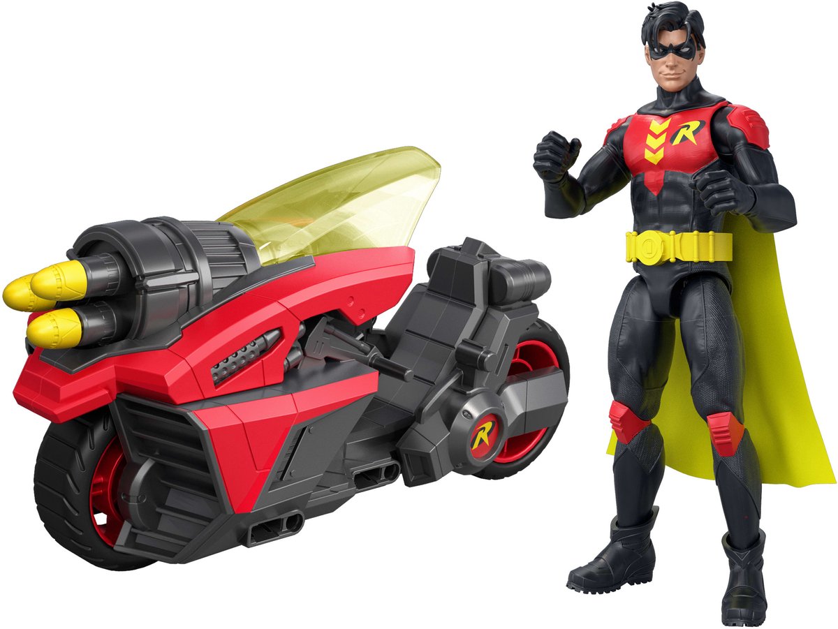 Mattel dc premier pettirosso e moto da 6 pollici con lancio di proiettili