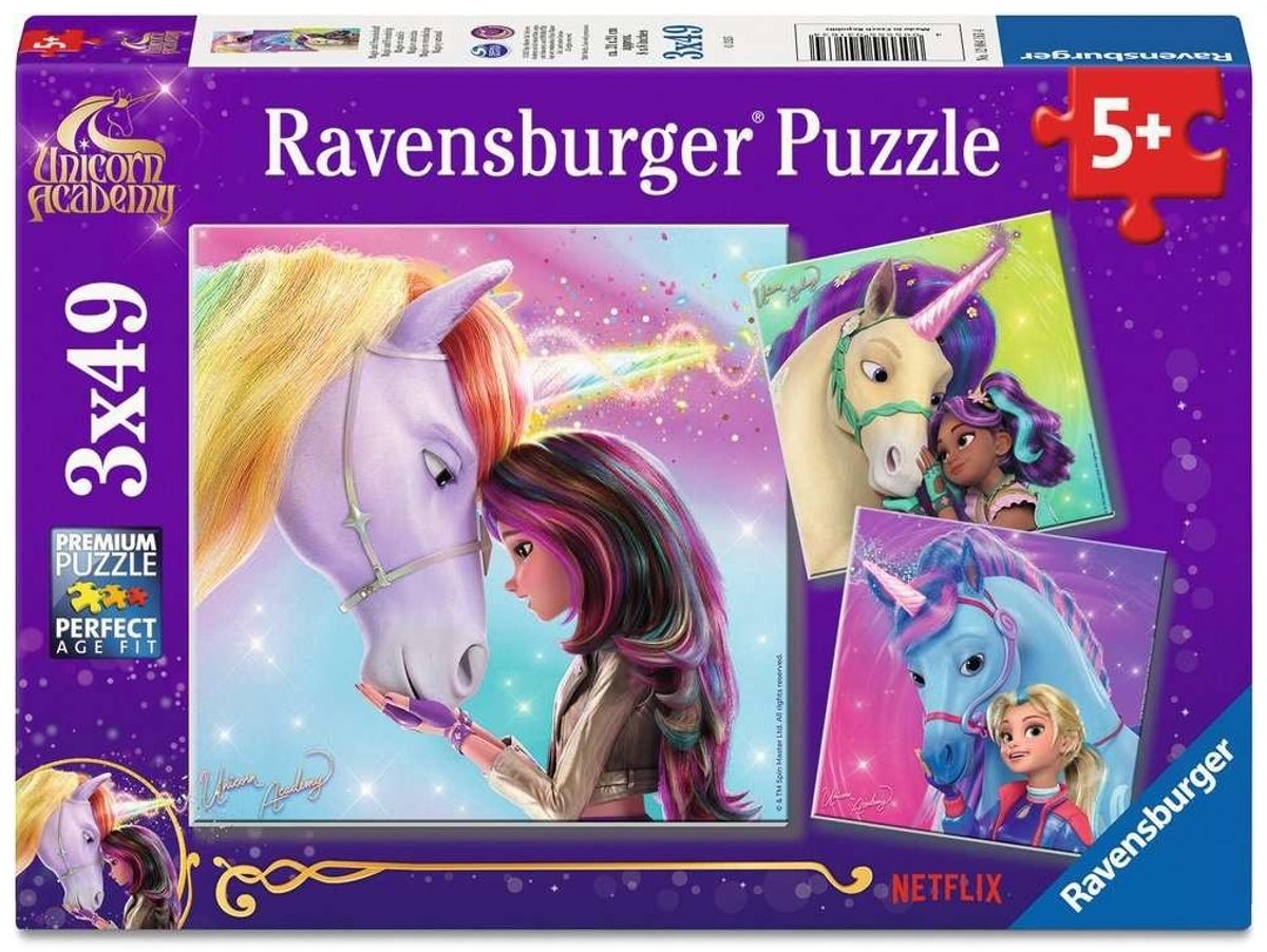 Puzzle per bambini Ravensburger 3x49 pezzi - Accademia degli unicorni - Magia e amicizia