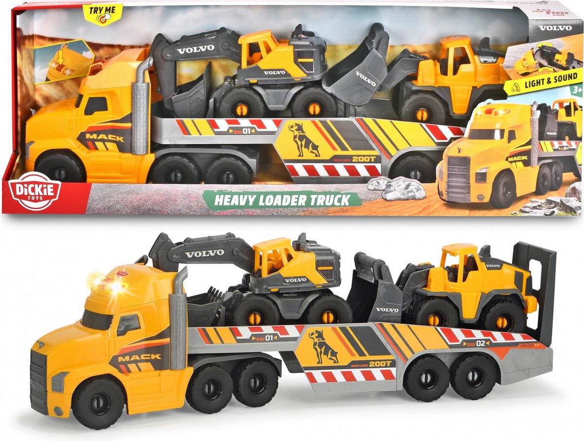 Dickie toys mack volvo - graafmachine en -lader - 70 cm - licht geluid - speelgoedvoertuig