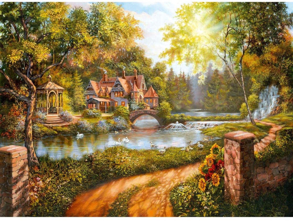 Puzzle Ravensburger: Cabaña junto al río - 500 piezas.