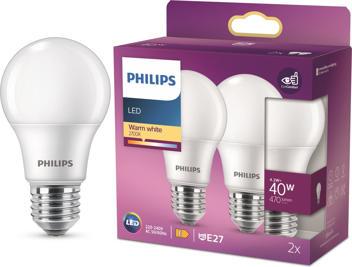 Lampada LED Philips a risparmio energetico opaca - 40 w - E27 - luce bianca calda - 2 pezzi - risparmia sui costi energetici