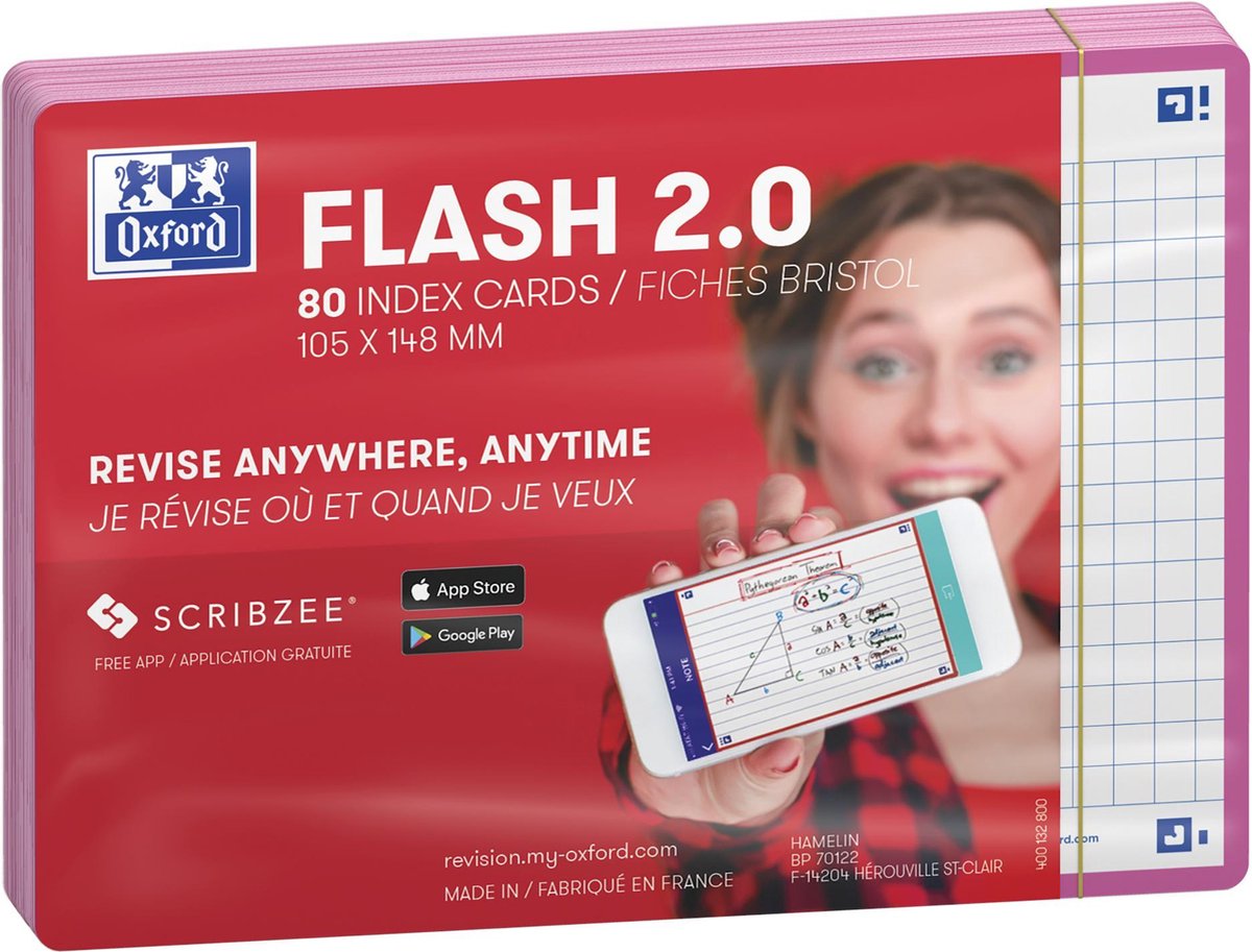 Oxford flash 2.0 - flashcards - geruit 5mm - a6 - fuchsia rand - 80 stuks