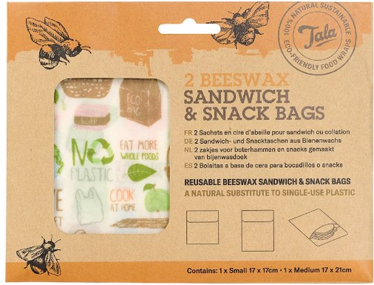 Tala - sacchetti per snack per sandwich - set da 2 - zero rifiuti - riutilizzabili - cera d'api