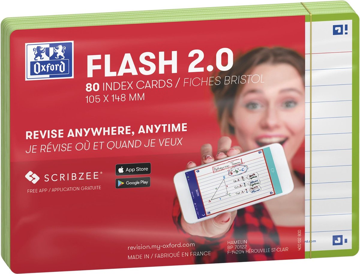 Oxford flash 2.0 - flashcard - a righe - a6 - bordo verde - 80 pezzi