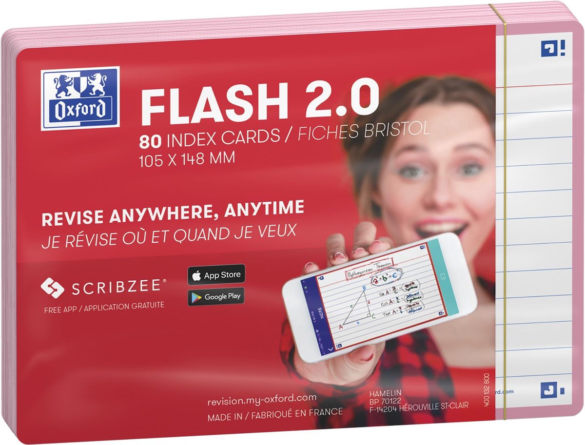 Oxford flash 2.0 - flashcard - a righe - a6 - bordo rosa - 80 pezzi