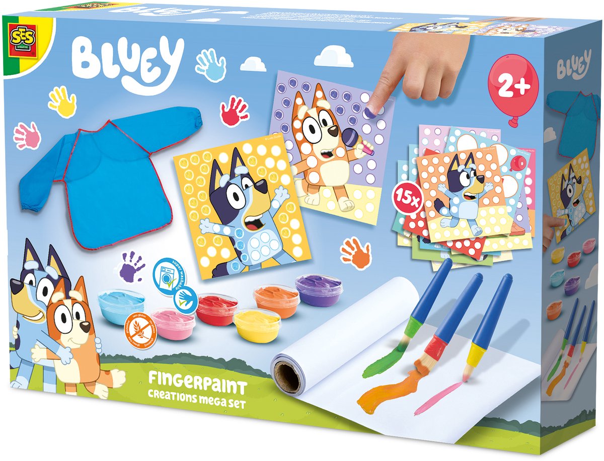 Ses creative bluey - pittura con le dita - mega set - vegano senza glutine - facile da lavare - per bambini dai 2 anni - 15 carte e 1 grembiule da pasticcio