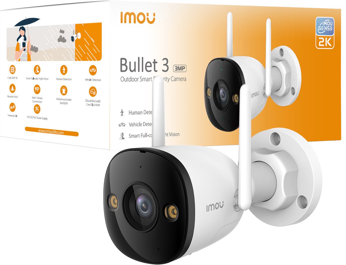 Telecamera wifi da esterno Imou bullet 3 2k - ip67 - rilevamento persona ai - visione notturna - audio bidirezionale - bianca