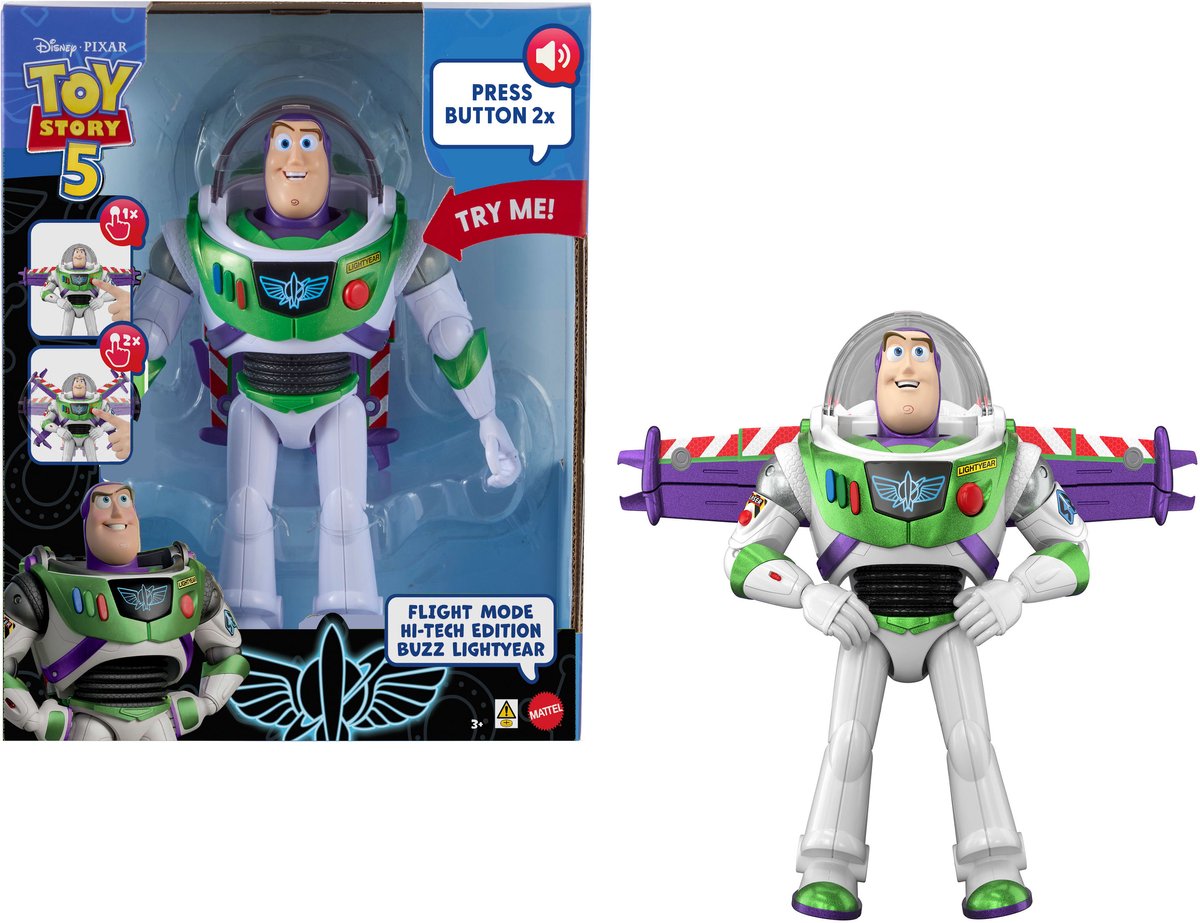 Mattel Disney y Pixar Toy Story Flight Mode Hi-Tech Edition - Buzz Lightyear en una escala de 30 cm y más de 35 sonidos - Holandés