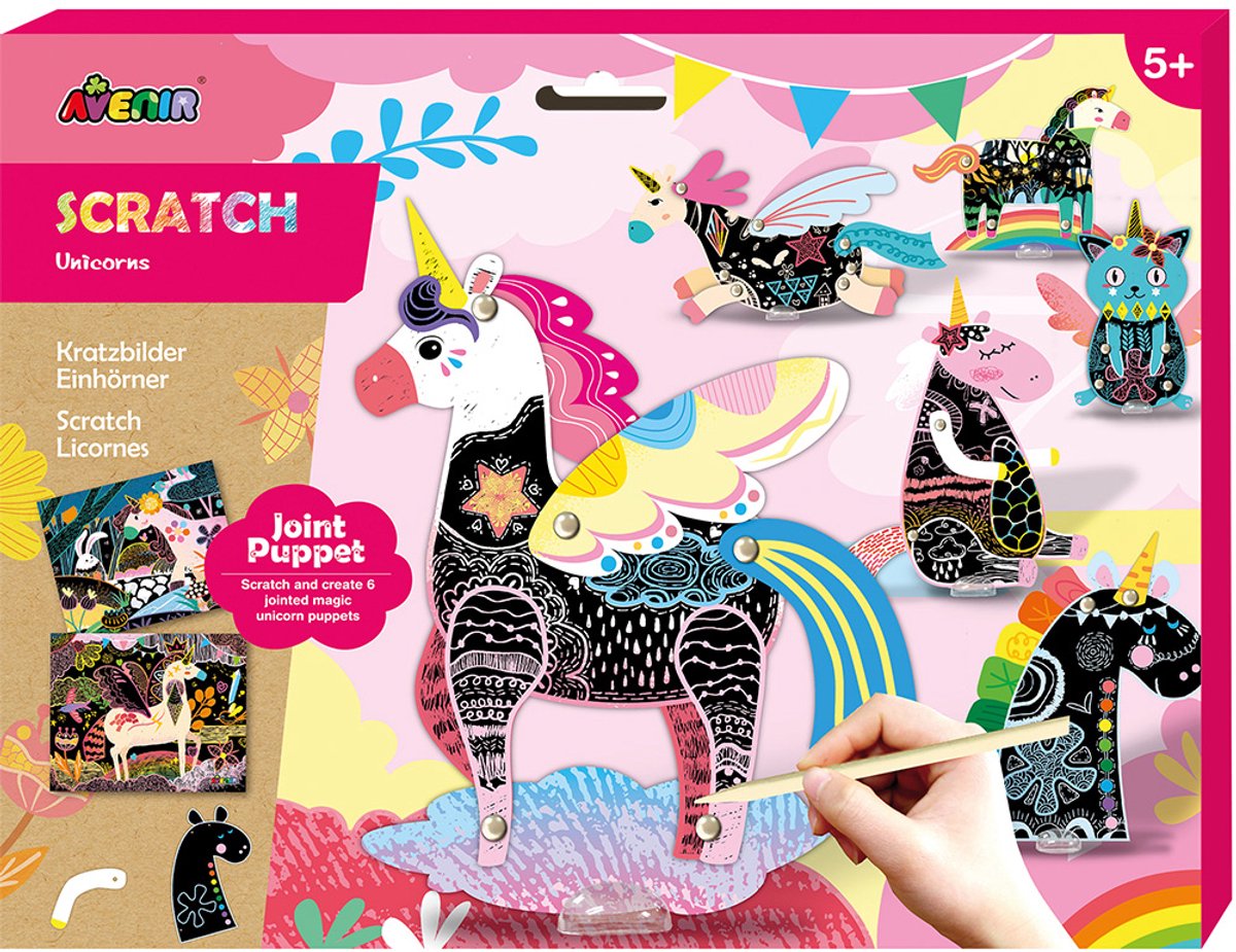 Avenir scratch jointed puppet - eenhoorns - kras marionetpopjes - 5 jaar
