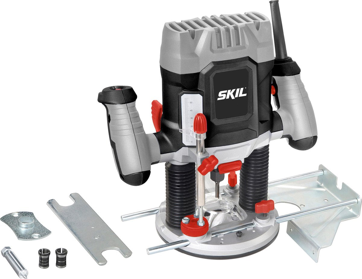 Fresadora Skil 1200w - fresadora - fresa de extremo - pinzas 6, 6,35 8 mm - profundidad de fresado 55 mm - velocidad variable - todos los materiales - con guía de ancho, anillo de copia del pasador central - 1841 AA