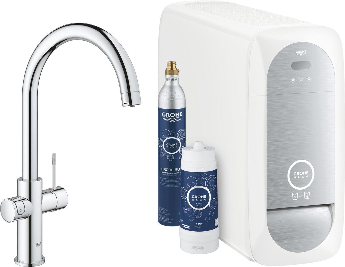 Rubinetto cucina Grohe blue home duo - con Bluetooth e WiFi - starter kit - bocca a c - cromato - per acqua purificata, refrigerata e frizzante