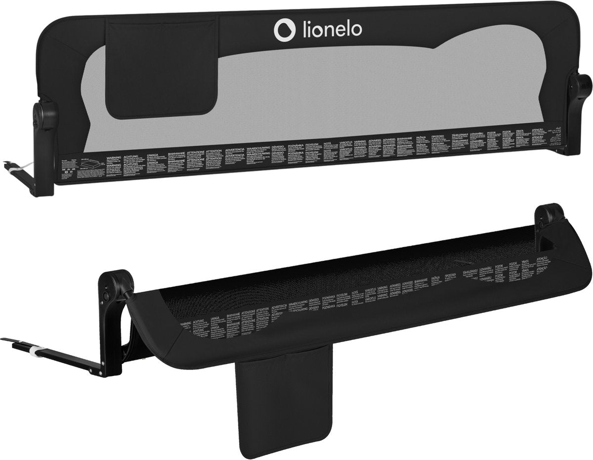 Barandilla de cama Lionelo Eva - barrera de seguridad hasta 27 kg - plegable 180° - 150 cm de ancho - marco de aluminio duradero - bloqueo seguro con cinturón - para niños de 18 a 5 años