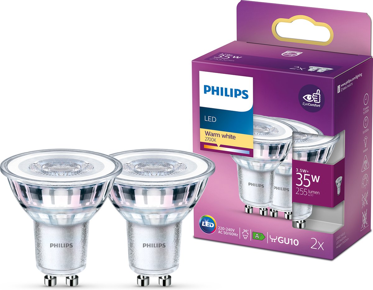 Spot LED a risparmio energetico Philips - 35 W - Gu10 - luce bianca calda - 2 pezzi - risparmia sui costi energetici