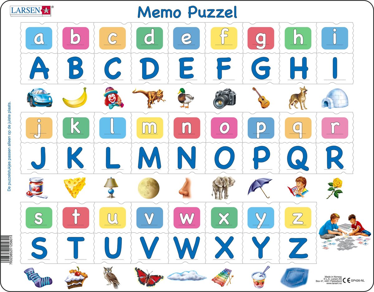 Larsen alfabet met afbeeldingen – puzzel – leren lezen – alfabet – educatieve legpuzzel voor kinderen – 52 stukjes – gemaakt in noorwegen – extra dikke 2,5 mm stukjes – tray met vaste rand