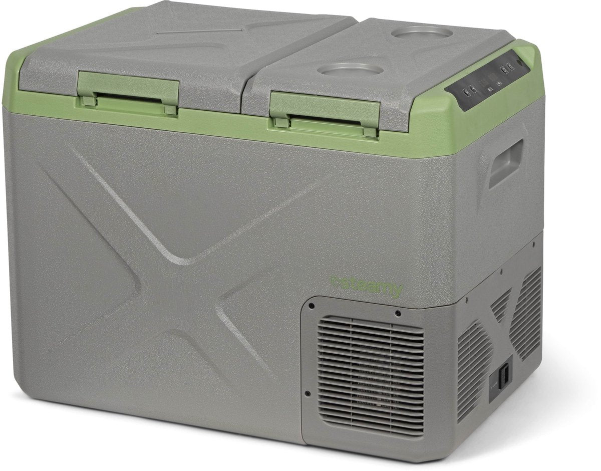 Frigo portatile a compressore elettrico Steamy-e - doppio scomparto - raffreddamento e congelamento simultanei - 32 litri - 12v e 230v - per auto e campeggio - grigio