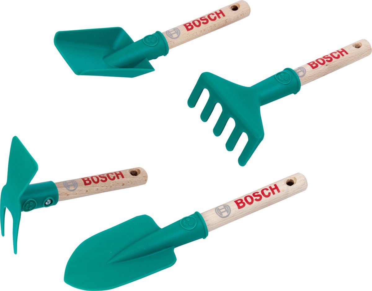 Klein Toys Set di attrezzi da giardino Bosch da 4 pezzi - incl. manico in legno e occhiello pendente - verde rosso