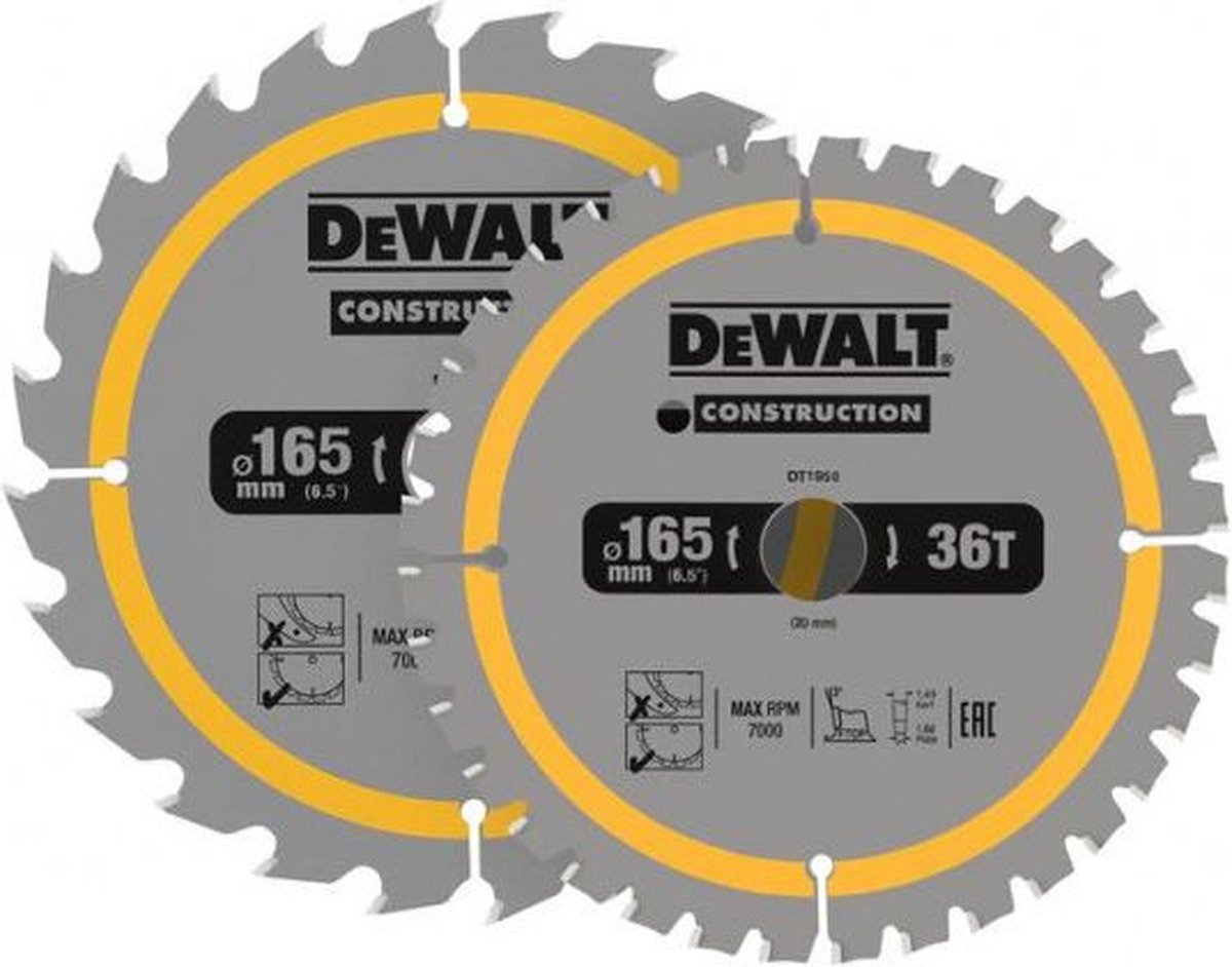 Hoja de sierra circular Dewalt 2x | 165 x 20 mm x 24 dientes 36 dientes | dt90270