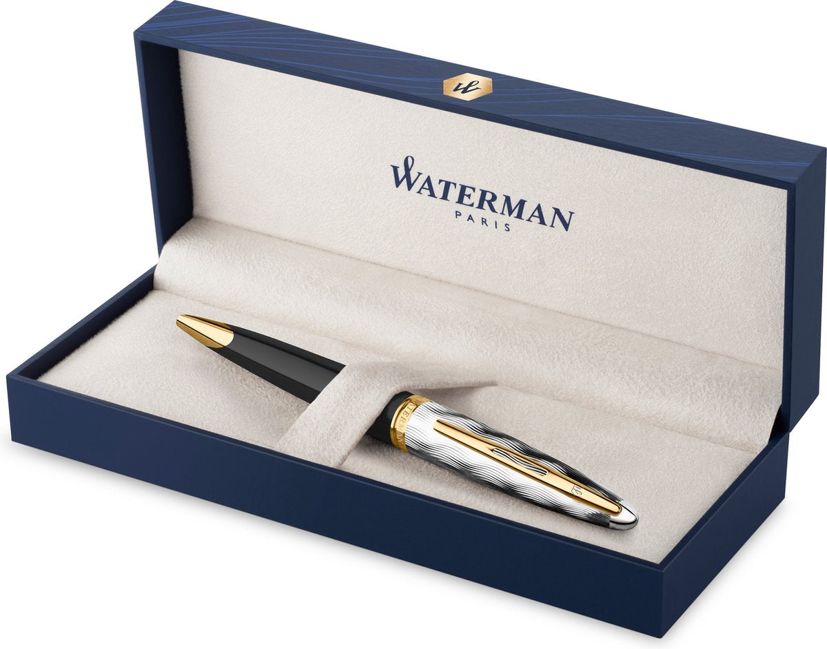 Penna a sfera Waterman Carene | metallo e lacca nera con dettaglio oro e cappuccio cesellato | punto medio | con confezione regalo