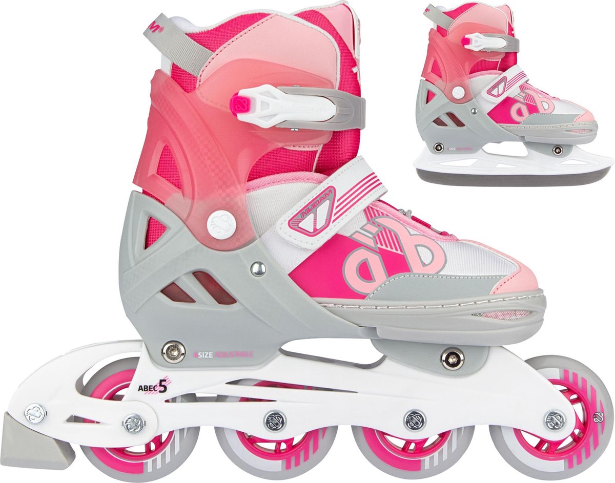 Nijdam 2 en 1 combo patines en línea niño ajustable - hockey sobre hielo - rosa - talla 29-32