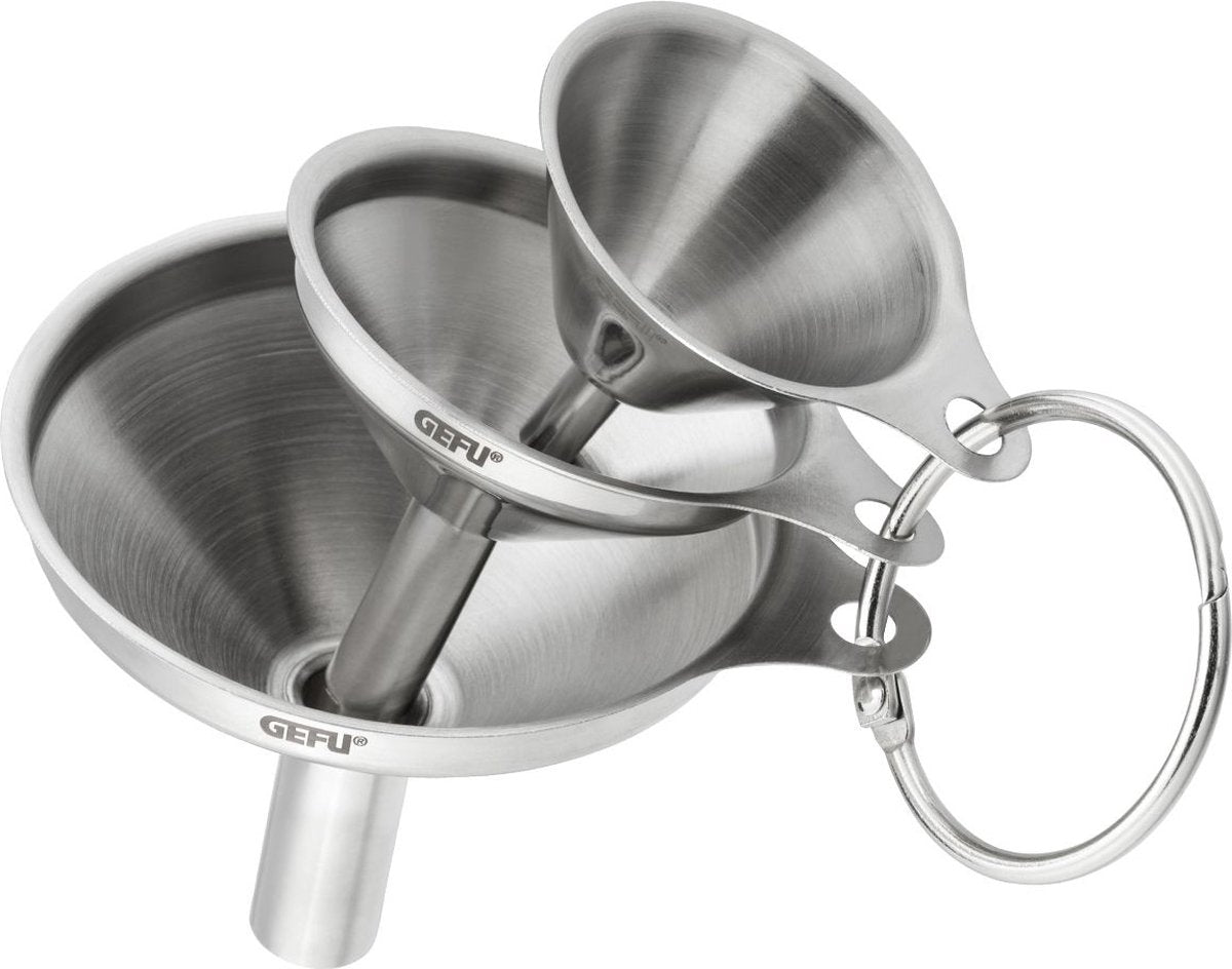 Gefu versare mini trechterset – 3-delig – rvs trechters voor flessen, kruidenmolens en olieflessen