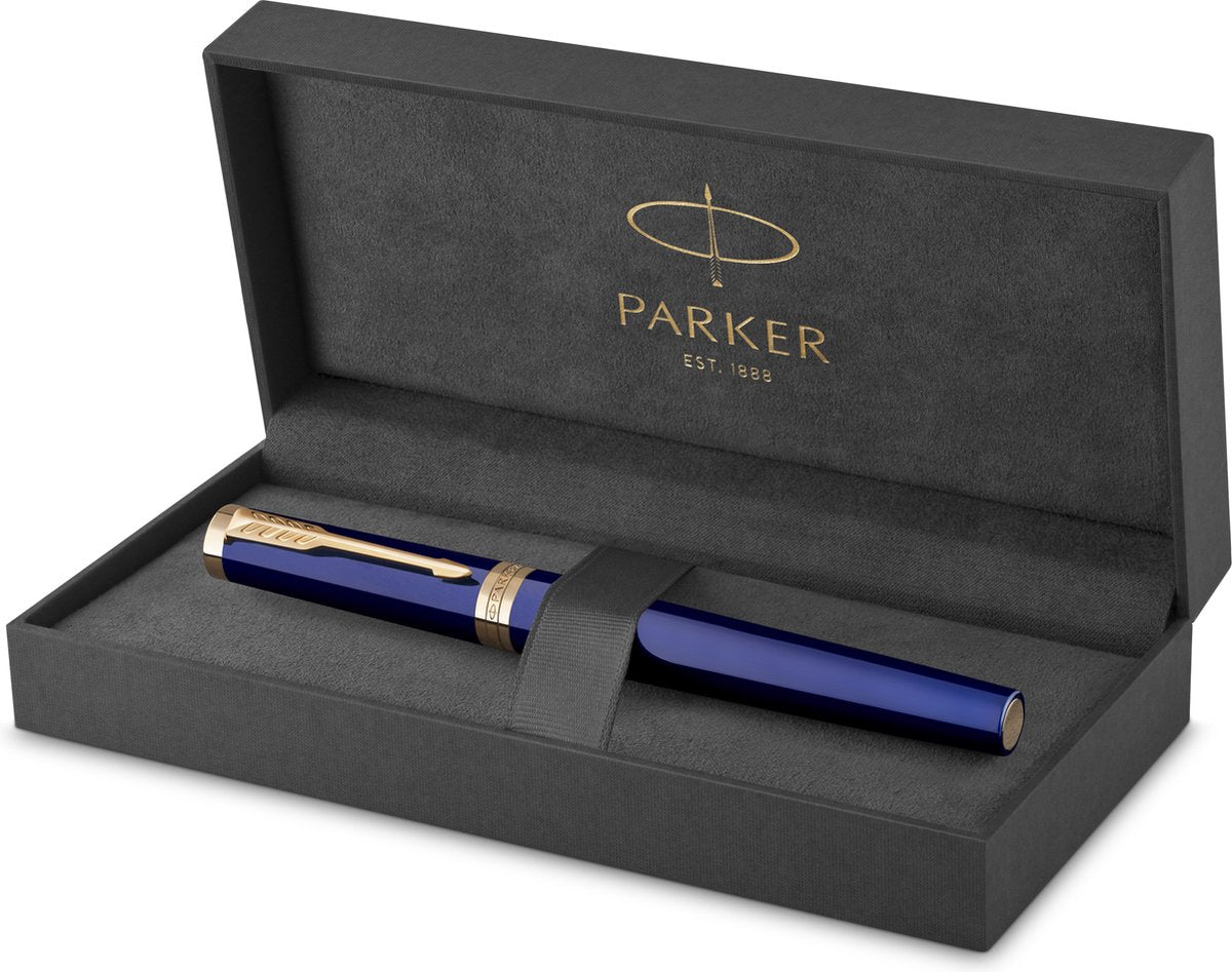 Bolígrafo roller ingenioso Parker | colección básica | azul con acabado dorado | tinta negra | punto fino | caja de regalo